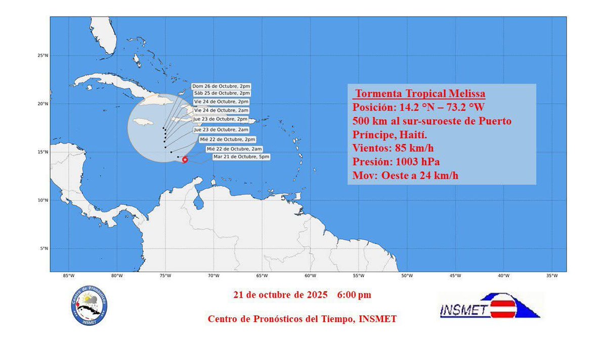 🌀Tormenta Tropical Melissa se encuentra en mar Caribe oriental
🔹Debe movers al oeste durante próximos 3 días
🔹En áreas más favorables, debe girar al norte
🔹Incierta zona afectaría que directamente
🚨IMPORTANTE: estar atentos a previsiones y pronósticos en fuentes oficiales