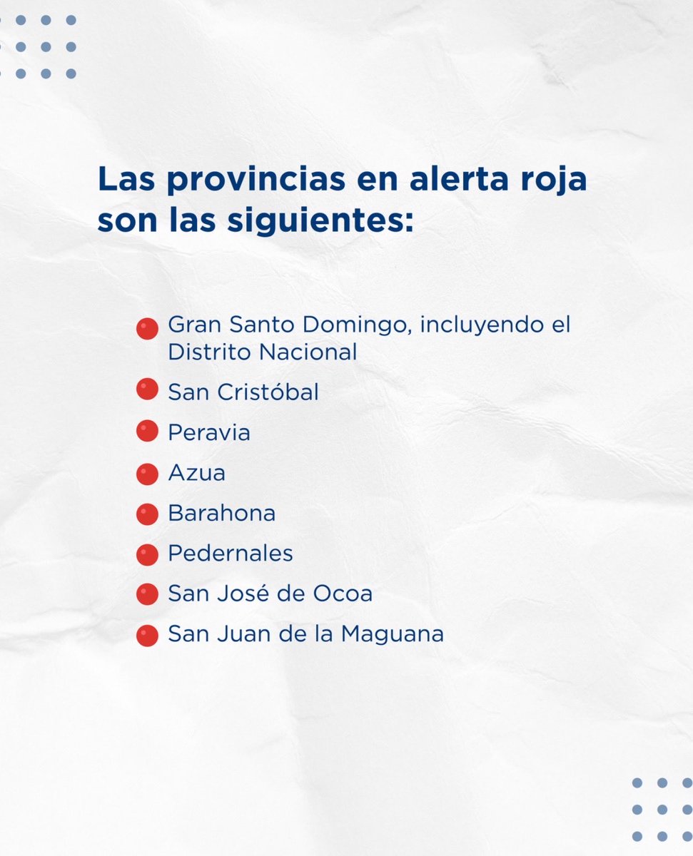 EducacionRDo's tweet image. 📢 Atención

Se suspende la docencia presencial en las provincias que se encuentran bajo alerta roja🚨.

⏭️ Desliza para conocer cuáles son las provincias.

La reanudación de la docencia será anunciada oportunamente, una vez se evalúen las condiciones climáticas y el estado de la…