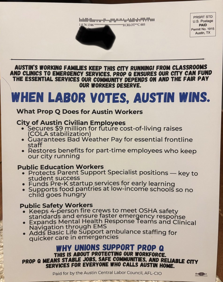 chitovela3's tweet image. Damn good mailer in support of #PropQ from the Austin Central Labor Council, AFL-CIO. Get out and vote for quality city services!