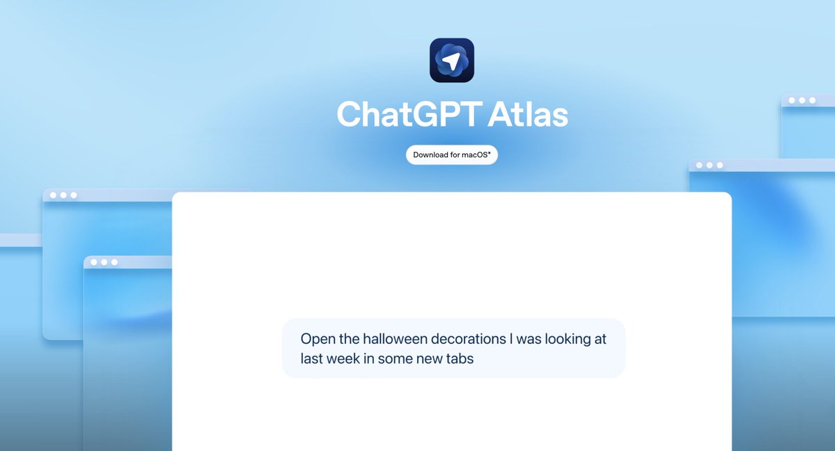 steven12c's tweet image. OpenAI推出全新AI浏览器ChatGPT Atlas,挑战谷歌Chrome市场地位
下载地址:chatgpt.com/atlas
ChatGPT Atlas的核心特色在于以生成式AI聊天机器人ChatGPT为核心构建,用户可以在任何网页上直接调用ChatGPT,实现总结内容、提问或执行任务等功能…