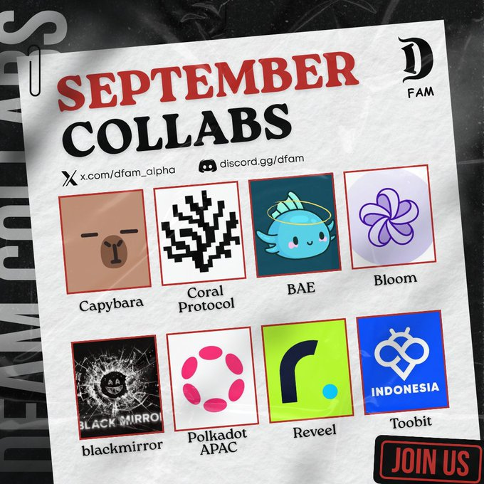 September Collab Recap

Here is some collab recap for our Family. From Whitelist Collab, Events, AMAs, and many more!

<a href="/PlayCapygame/">Capybara</a> <a href="/Coral_Protocol/">Coral Protocol</a> <a href="/BAE_Protocol/">BAE</a> <a href="/bloomsocialhq/">Bloom</a> <a href="/blackmirror_xp/">blackmirror_xp</a> <a href="/PolkadotAPAC/">Polkadot APAC</a> <a href="/r3vl_xyz/">Reveel</a> <a href="/ToobitID/">Toobit Indonesia 🇮🇩</a>

discord.gg/dfam