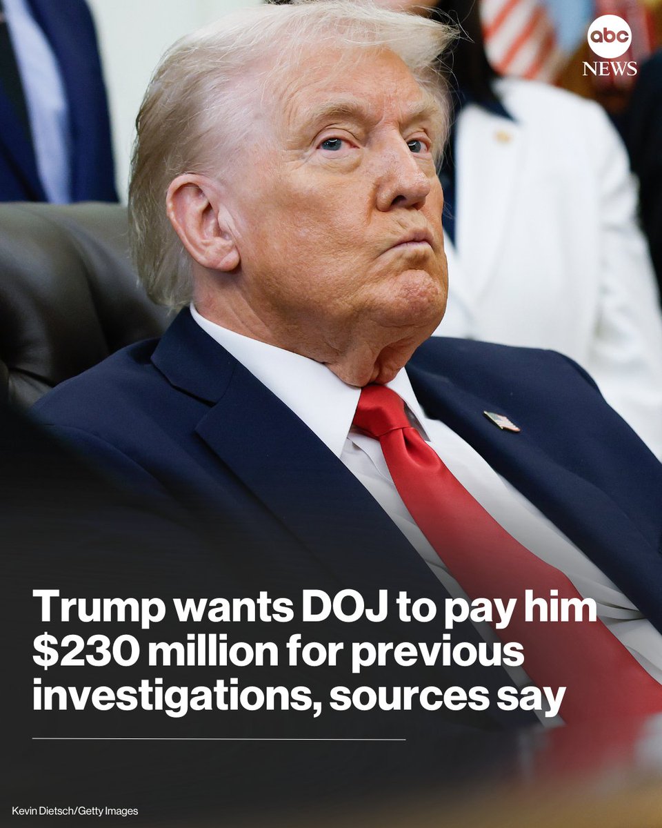 President Trump is pressing for his Justice Department to pay roughly $230 million as a settlement for investigations he faced during the Biden administration and his first term in office, sources familiar with the matter confirmed to ABC News Tuesday. 
abcnews.link/HvPJFKF