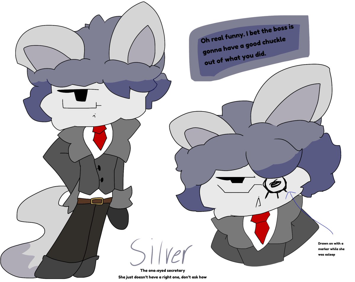 New oc, Silver the Secretary! A somehow one-eyed, highly intelligent cat/lemur hybrid who is LOCKED on her job