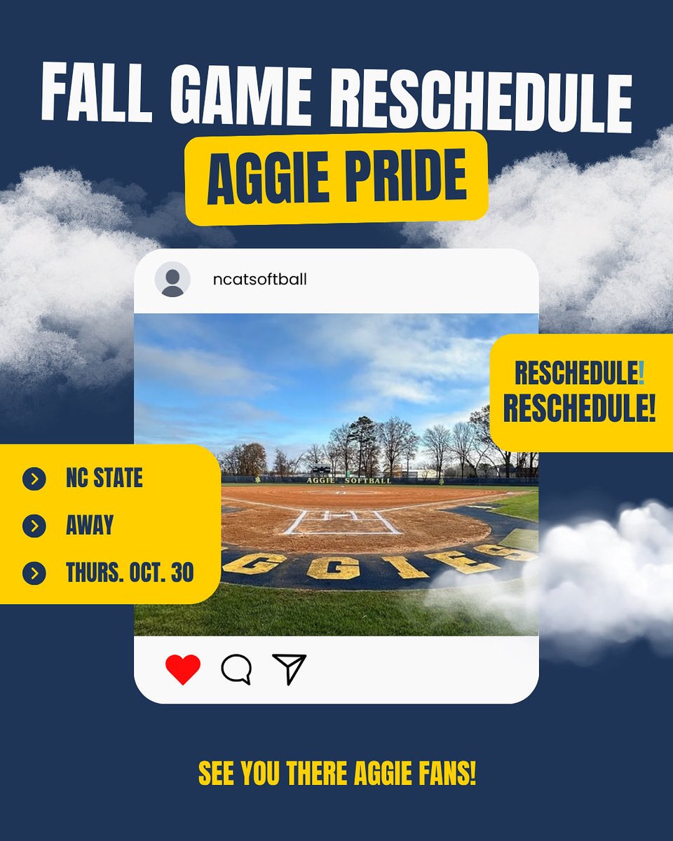 📣 Game Update, Aggie Fans!
Our fall matchup vs. NC State has been rescheduled for Thursday, Oct. 30 (Away).
Mark your calendars and bring that #AggiePride! 💙💛
#NCATSoftball #AggieNation