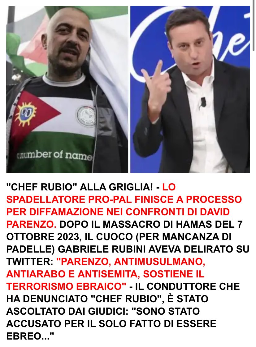 rubio_chef's tweet image. Quale reputazione perdonami? A parte che non mi hai mai “seguito” (الحمد لله) quindi non vedo perché tu debba mentire al giudice. Ricordo però che mi bloccasti dopo l’ennesima critica nel merito delle  menzogne antipalestinesi, antiarabe e antimusulmane da te diffuse. Ritenta