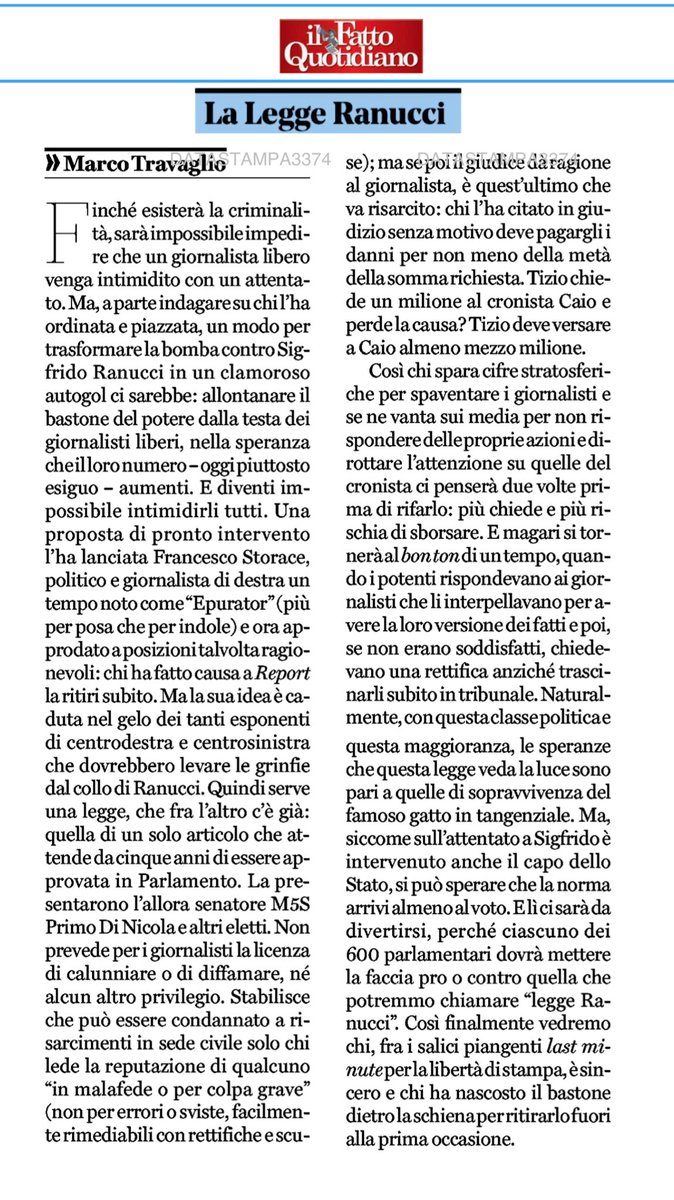 Enrico__Costa's tweet photo. Un conto è essere giustamente solidali con Ranucci per il vile attentato subito, altro è promuovere, come fa Travaglio, qualificandola "legge Ranucci", una norma strampalata che, solo per i giornalisti, introduca una lite temeraria sui generis, per cui chi fa causa e la perde paghi la metà del risarcimento richiesto. Perché la diffamazione infanga e demolisce le persone e non la si cancella per legge. E la lite temeraria nel codice già è presente, e prevede una sanzione processuale per chiunque la promuova.
Travaglio dice che ciascuno dei 600 parlamentari dovrà mettere la faccia pro o contro la "legge Ranucci"?, insinuando che non si può affermare la libertà di stampa ed essere contrari a questa proposta. Invece si può, se non si confonde la libertà di stampa con la libertà di diffamare.