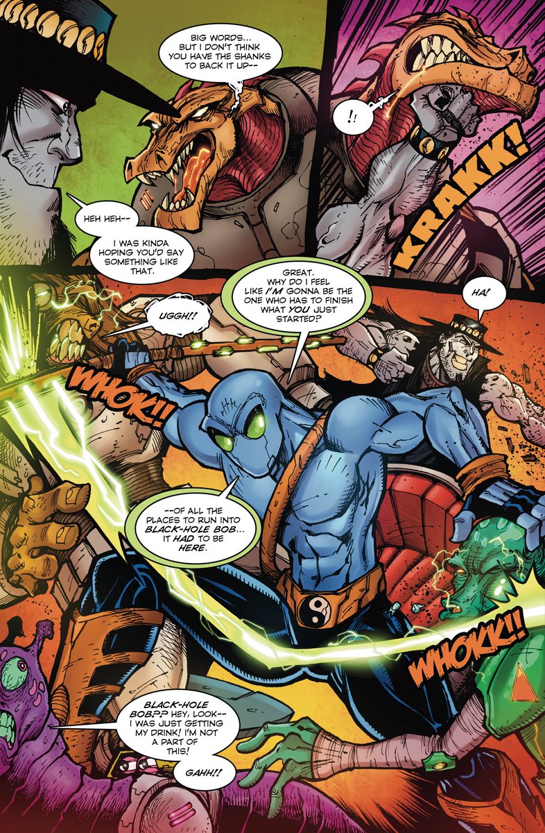 The mayhem begins in ZEN: Bounty Wars issue #2, with the long-awaited return of berserker bounty hunter Black-Hole Bob! It ships to Kickstarter supporters in November…and if you didn’t happen to get in on either issues #1 or 2, you’ll still have the opportunity to get them when