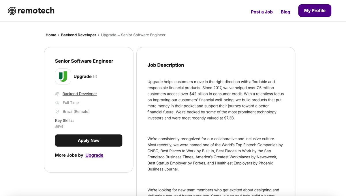 Remotech_ai's tweet image. Upgrade is hiring Senior Software Engineer
Location: Brazil (Remote)
Role Type: Full-time
🔗 View Details:
remotech.ai/jobs/senior-so…
Sign up to get early access to top remote tech jobs 👇
remotech.ai/sign-up
#RemoteWork #RemoteJobs #BackendDeveloper #TechJobs