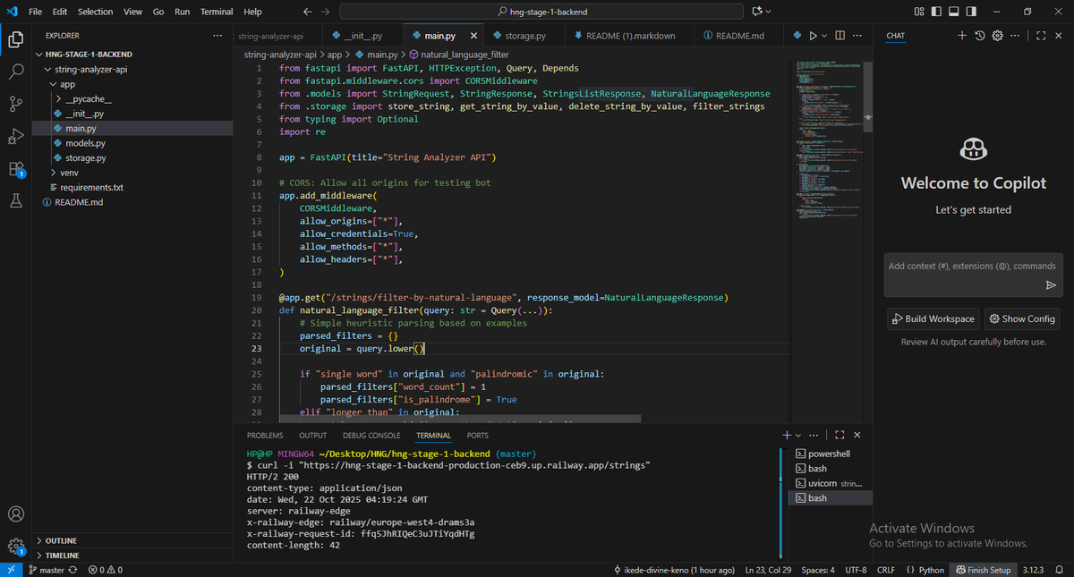 its_deevyn_'s tweet image. 🚀Just built a String Analyzer API with FastAPI & In-memory storage as my stage 1 #HNG backend challenge!
It analyzes strings, supports natural language queries & filtering & is deployed on Railway with Pydantic validation & CORS.
Excited for what's next🤙
#FastAPI #Python #HNG13