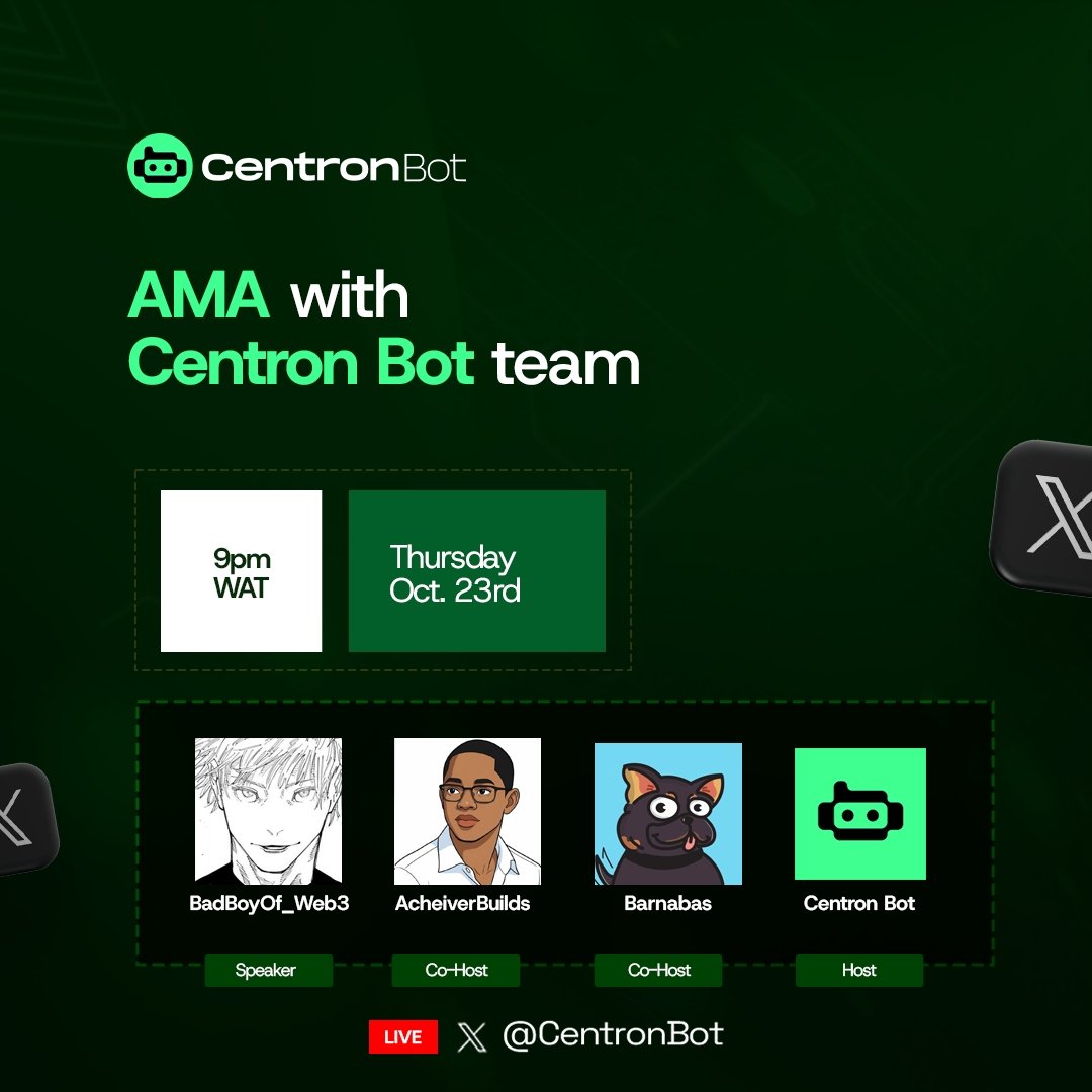 CentronBot's tweet image. We’ve been building in stealth. Now it’s time to talk.
Join our AMA tomorrow at 9pm WAT and get all your questions answered about how we're changing the game for degen traders.