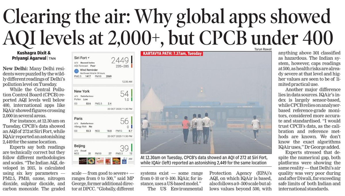 Bhavreen Kandhari (@bhavreenmk) on Twitter photo While CPCB reported Delhi’s AQI well below 400, global apps like <a href="/IQAir/">IQAir</a> that we were watching showed levels crossing 2,000 in parts of the city.
Different scales, sensors & systems, but one truth; Delhi’s air is hazardous:(
timesofindia.indiatimes.com/city/delhi/cle… via <a href="/priyangiTOI/">Priyangi Agarwal</a> <a href="/kush_junglee/">Kushagra Dixit</a> While CPCB reported Delhi’s AQI well below 400, global apps like <a href="/IQAir/">IQAir</a> that we were watching showed levels crossing 2,000 in parts of the city.
Different scales, sensors & systems, but one truth; Delhi’s air is hazardous:(
timesofindia.indiatimes.com/city/delhi/cle… via <a href="/priyangiTOI/">Priyangi Agarwal</a> <a href="/kush_junglee/">Kushagra Dixit</a>