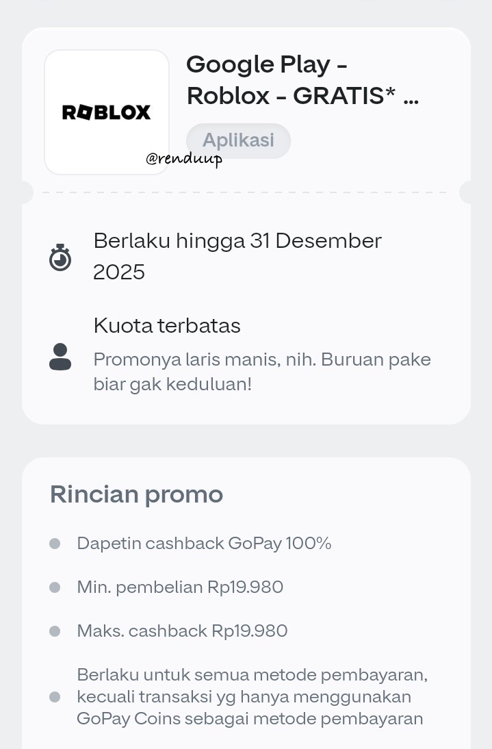 renduup's tweet image. Voucher Gopay Buat Top Up Roblox
- a thread -
*80 robux gratis
*Promo cashback s/d 100%
*Cek di halaman "voucher saya"
Klaim juga kode:
1. GOPAYAPPLEPROMO
2. GOPAYROBLOXMURAAAH
3. GOPAYROBLOXSERU
Klik tab voucher saya > masukan kodenya