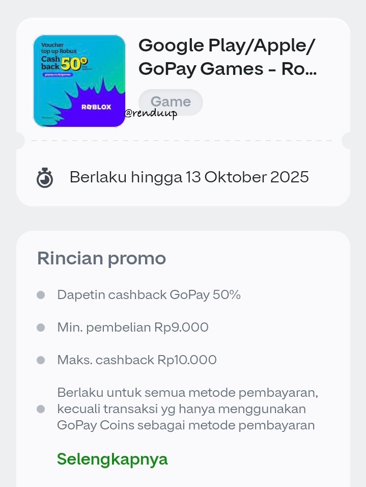 renduup's tweet image. Voucher Gopay Buat Top Up Roblox
- a thread -
*80 robux gratis
*Promo cashback s/d 100%
*Cek di halaman "voucher saya"
Klaim juga kode:
1. GOPAYAPPLEPROMO
2. GOPAYROBLOXMURAAAH
3. GOPAYROBLOXSERU
Klik tab voucher saya > masukan kodenya