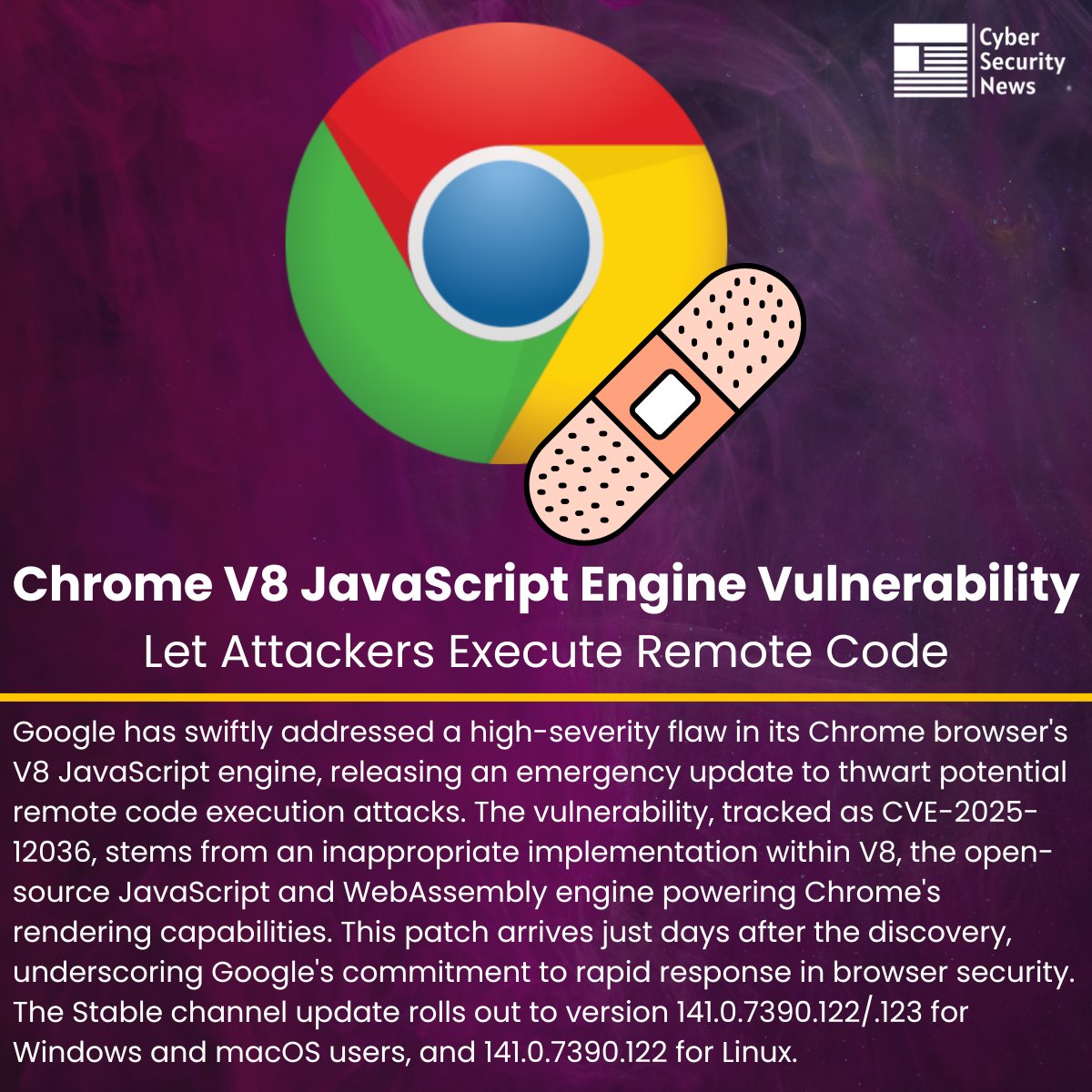 The_Cyber_News's tweet image. 🚨 Chrome V8 JavaScript Engine Vulnerability Let Attackers Execute Remote Code
Read more: cybersecuritynews.com/chrome-v8-java…
Google has swiftly addressed a high-severity flaw in its Chrome browser's V8 JavaScript engine, releasing an emergency update to thwart potential remote code…