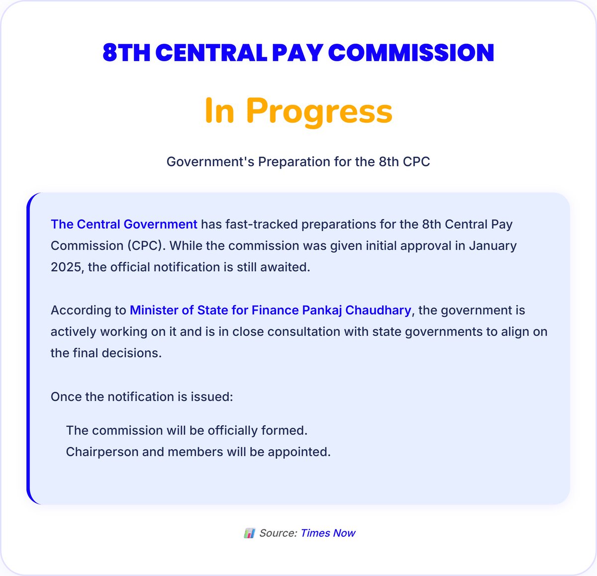 cpccalculator's tweet image. 🚀 8th Central Pay Commission Update!
The government is fast-tracking preparations for the 8th CPC after initial approval in January 2025. Expect the commission to be formed soon, with members appointed shortly after!
#CPC #CentralPayCommission #8thpaycommission #8thCPC
