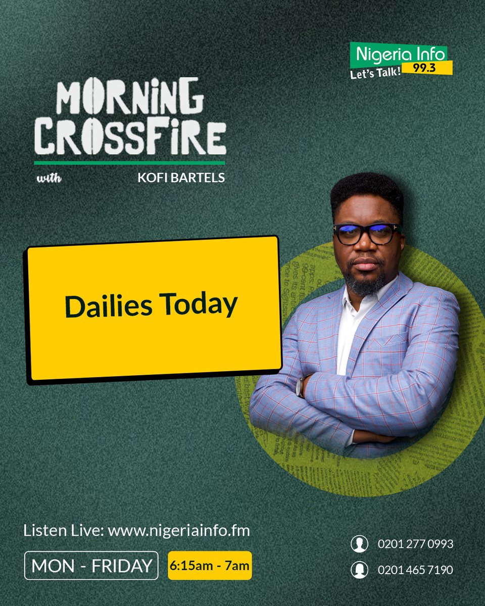 Dailies Today

The Punch
📰S’Court reserves judgment in PDP’s suit challenging Rivers emergency rule
📰Presidential pardon: AGF orders multi-agency probe

Vanguard
📰CAN fires back at Presidency, says Christian genocide real
📰Alleged Cybercrime: Court shifts Natasha’s trial to