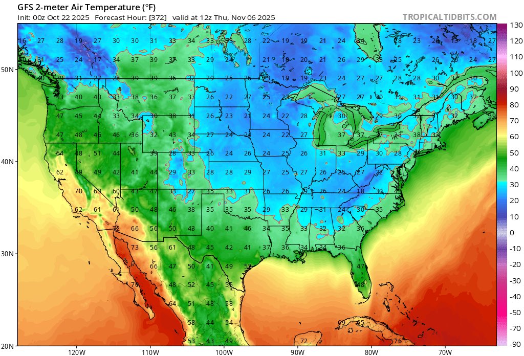chazzzwx's tweet image. 00z GFS with a deep freeze early November 🥶

#LOCKITIN
