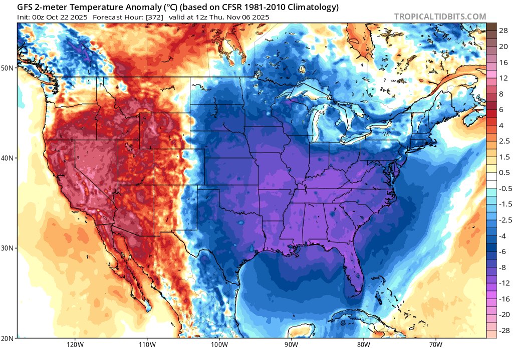 chazzzwx's tweet image. 00z GFS with a deep freeze early November 🥶

#LOCKITIN