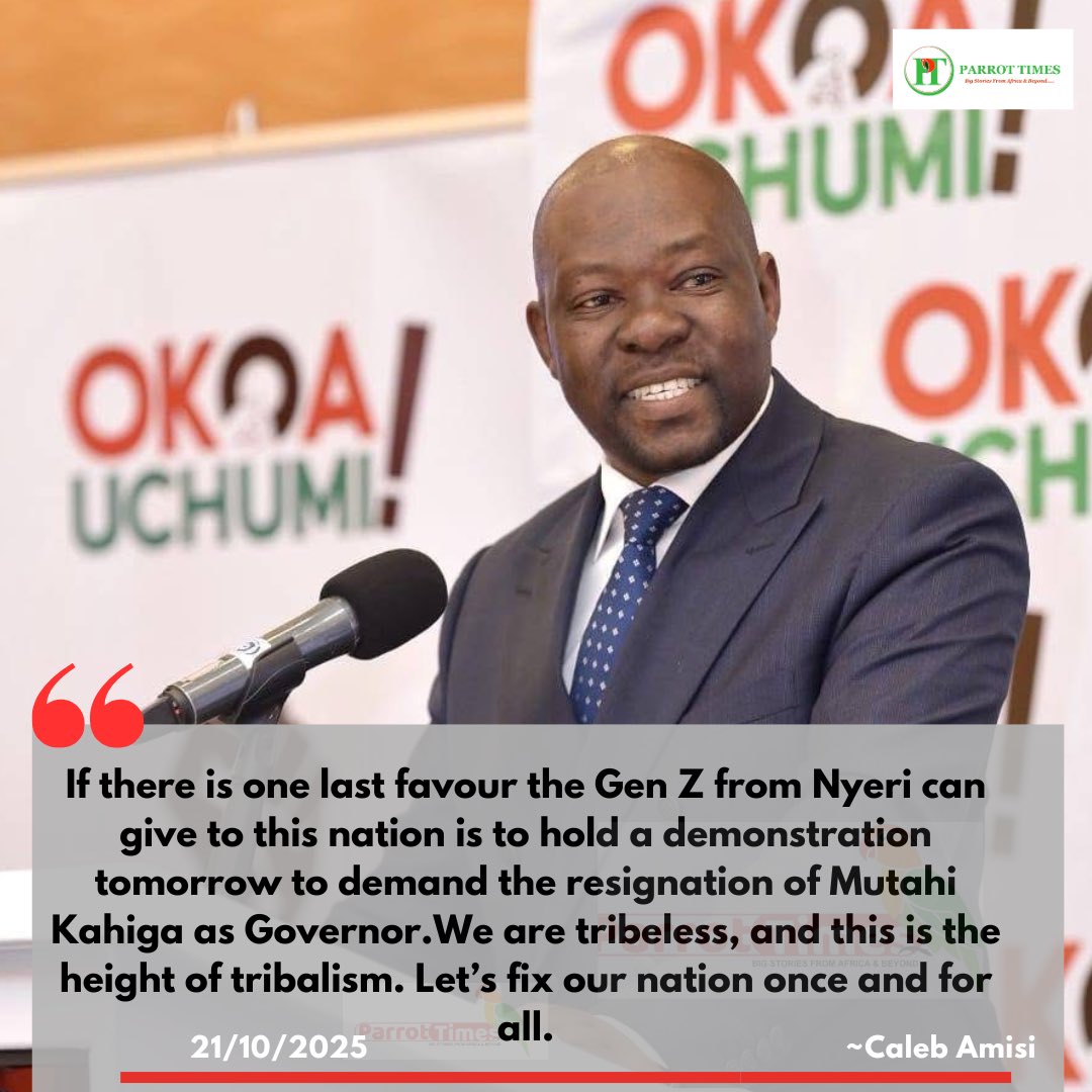 If there is one last favour the Gen Z from Nyeri can give to this nation is to hold a demonstration tomorrow to demand the resignation of Mutahi Kahiga as Governor.We are tribeless, and this is the height of tribalism.Let's fix our nation once and for all— Caleb Amisi calls on