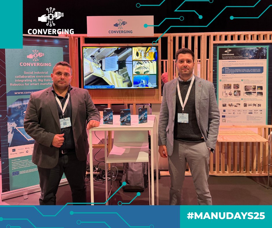 ConvergingEu's tweet image. 🚀 Last day at #ManuDays25!
Meet the #CONVERGING team in Brussels! Our partners from @Netcompany_com  &amp;amp; @LMSUPATRAS  are ready to show how we’re shaping AI-driven, human-centric, and sustainable manufacturing.
Come by our booth before the event ends!
👉 lnkd.in/d4gnkGdZ