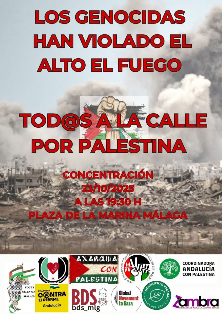 🇵🇸 A pesar del "alto el fuego", el estado genocida de Israel sigue matando a palestinos. 

No dejaremos de salir a las calles para exigir el fin del genocidio y la ruptura de relaciones con Israel.

Este jueves volvemos a vernos en #Málaga.
Que no pare la lucha.

#FreePalestine