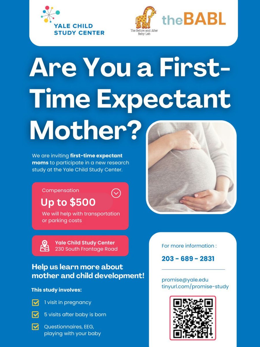 YaleCSC's tweet image. The Before and After Baby Lab (BABL) at the YCSC is seeking first-time expecting mothers to participate in a research study with $500 compensation!
 
Respond to the survey linked below if you are interested: 
tinyurl.com/promise-study