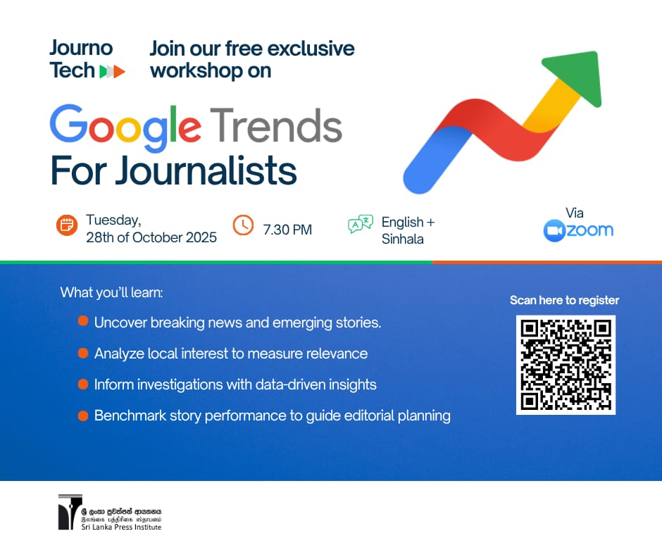 Journalists! Learn how to turn data into stories with Google Trends.  📅 28 Oct | 📷 7:30 PM | 📷shorturl.at/zE36X #slpi #srilanka #Ai #media #journalism