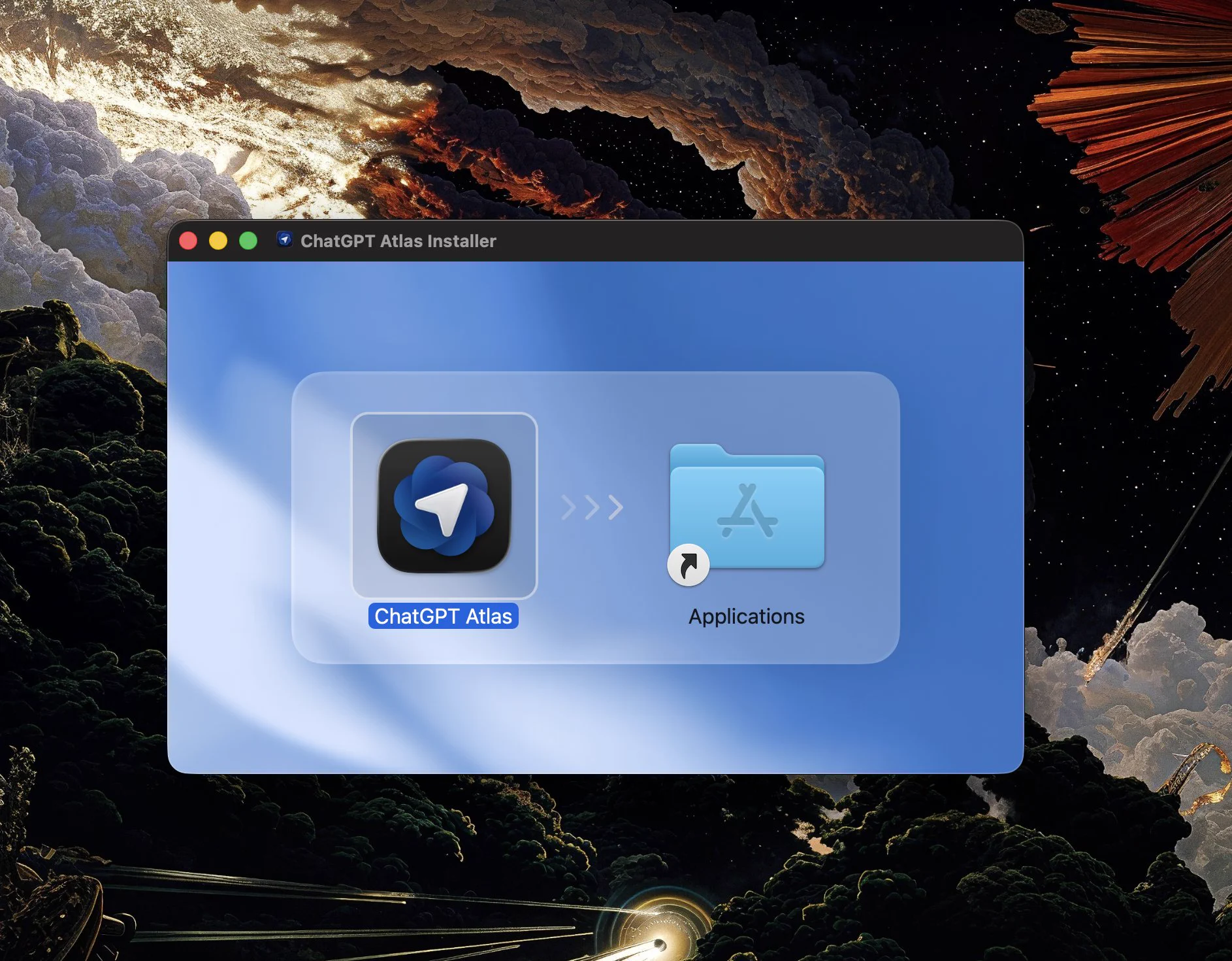 macOS 드래그 설치 창 — 유리 패널과 우주 배경