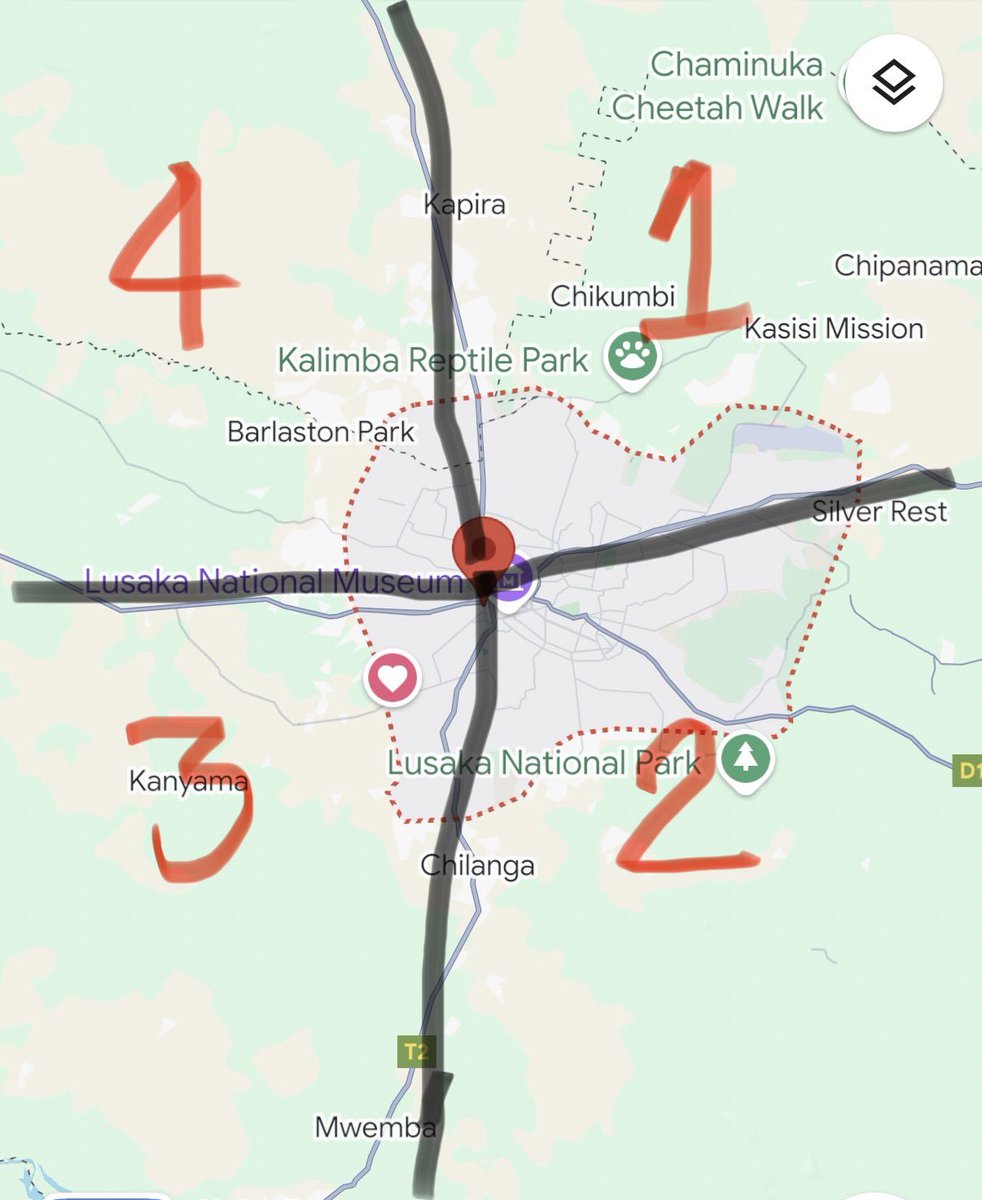 Divide LUSAKA CITY into 4 local city administrations which can be referred to as: Surbubs/Precincts/or Metropolitan Areas, to accelerate the trickling down of economic benefits to the people. l am not referring to Lusaka Province, which consists of Kafue and Chongwe Districts,