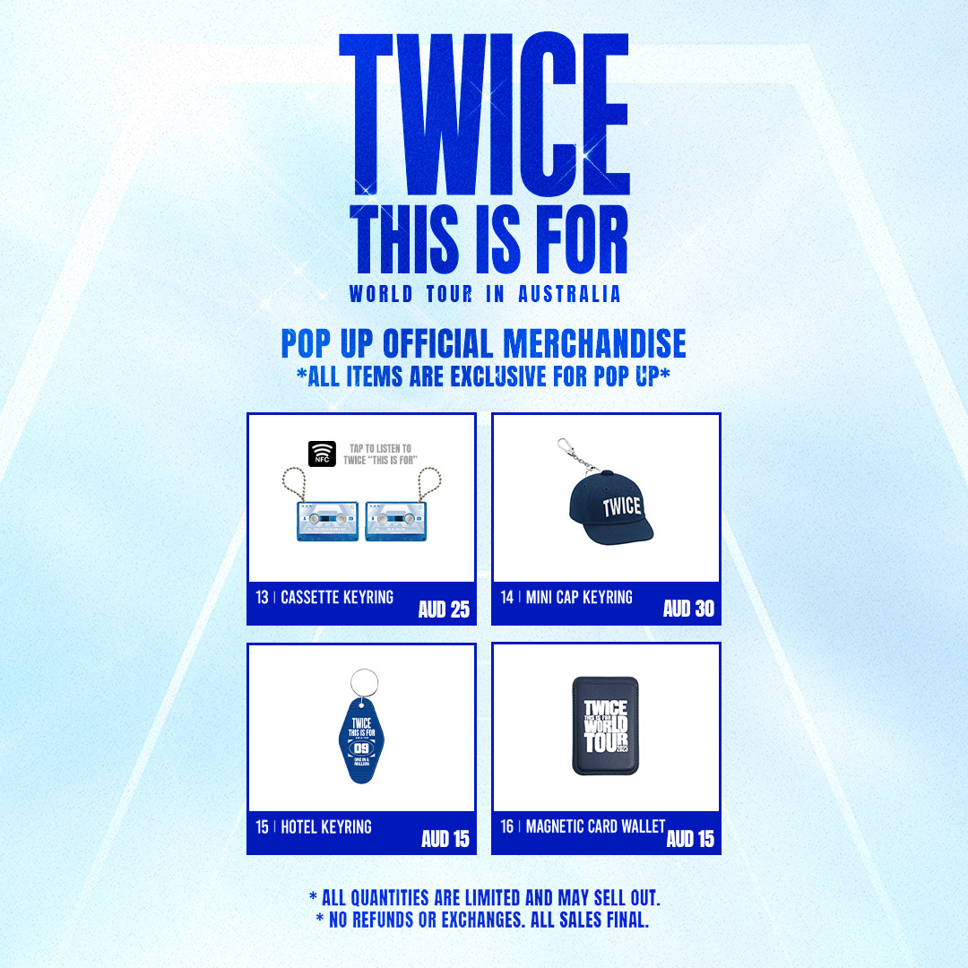 LiveNationAU's tweet photo. Hey ONCE 💕 The TWICE <THIS IS FOR> Pop-up Store is kicking off in Australia! Check out all the exclusive items you can only get at the pop-up store!
‼️Get 1 random scratch card with every purchase! Spend $150 or more and receive 1 random selfie photocard too 💖 https://t.co/QjszT7yWPD