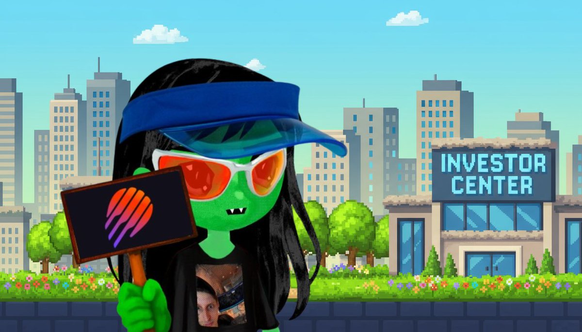 Green alien with sunglasses holding Meteora sign in cityscape near Investor Center