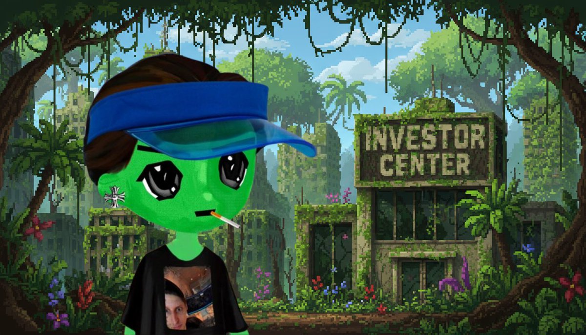 Green alien character in jungle setting in front of ruined Investor Center