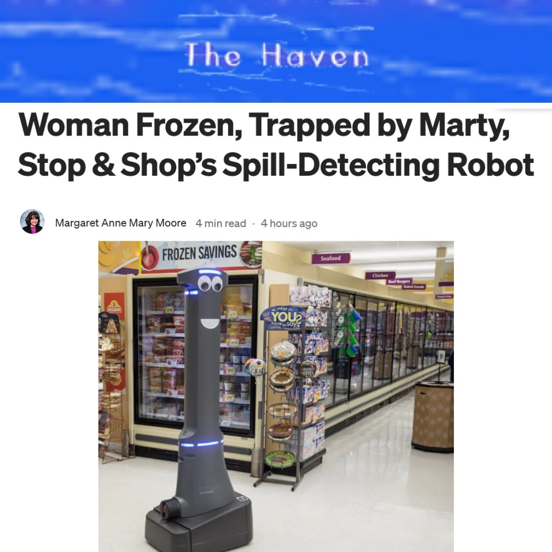 mooreofawriter's tweet image. No complaint filed at #stopandshop; the chicken part is fiction. True events: cornered by #MartytheRobot in #frozensection, employee redirected #Marty so I could escape—why not write a #fakenewsstory?
bit.ly/4olVwD3 @Havencomedy
#humorwriting #disability #whenrobotsgobad