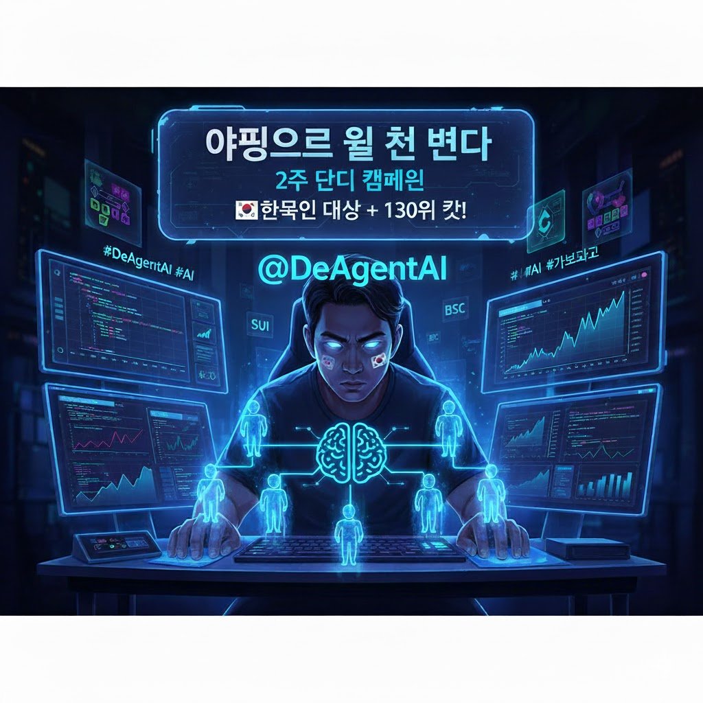 "야핑으로 월 천 번다"

... 소문만 듣고 배 아파하던 '존버 눈팅족' 1인입니다. 솔직히 매일 꾸준히 할 자신이 없어서 포모만 느꼈습니다 ㅜㅜ

근데 <a href="/DeAgentAI/">DeAgentAI</a> 에서 딱 저 같은 게으... 아니, 효율적인 사람들을 위해 '2주 단기 캠페인'을 열었다는 소식!

심지어 🇰🇷한국인 대상 + 130위 컷?! 이건