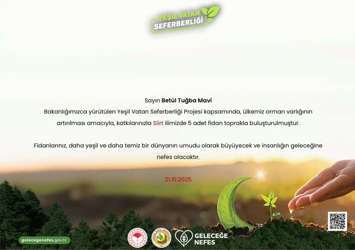 YeşilVatanSeferberliği’nde yerimizi aldık, fidanımızı sahiplendik.🌱

Cumhurbaşkanımız Sayın <a href="/RTErdogan/">Recep Tayyip Erdoğan</a> ’ın çağrısıyla 11 Kasım’da fidanlarımızı toprakla buluşturuyor, geleceğe nefes oluyoruz.