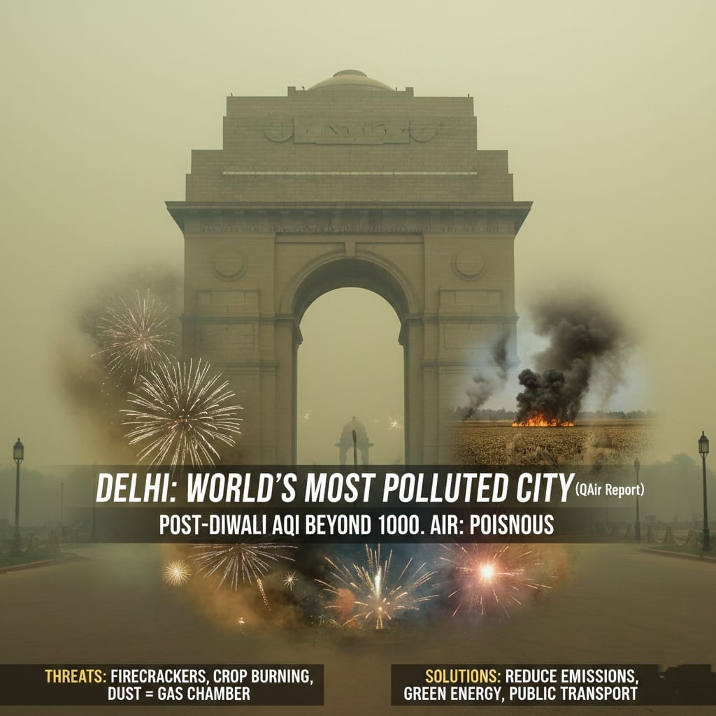 News2ThePoint's tweet photo. “दिल्ली में दीवाली बनी मौत की दावत: सांसों में जहर, आसमान में धुआं!”

#DelhiPollution #Diwali2025 #AQI1000 #CleanAirForDelhi #AirQualityCrisis #SayNoToCrackers #GreenFestival #DelhiSmog #IQAirReport #SaveEnvironment #ToThePointNews

https://t.co/JOgCtJWPEx https://t.co/TIkn3AtFIH