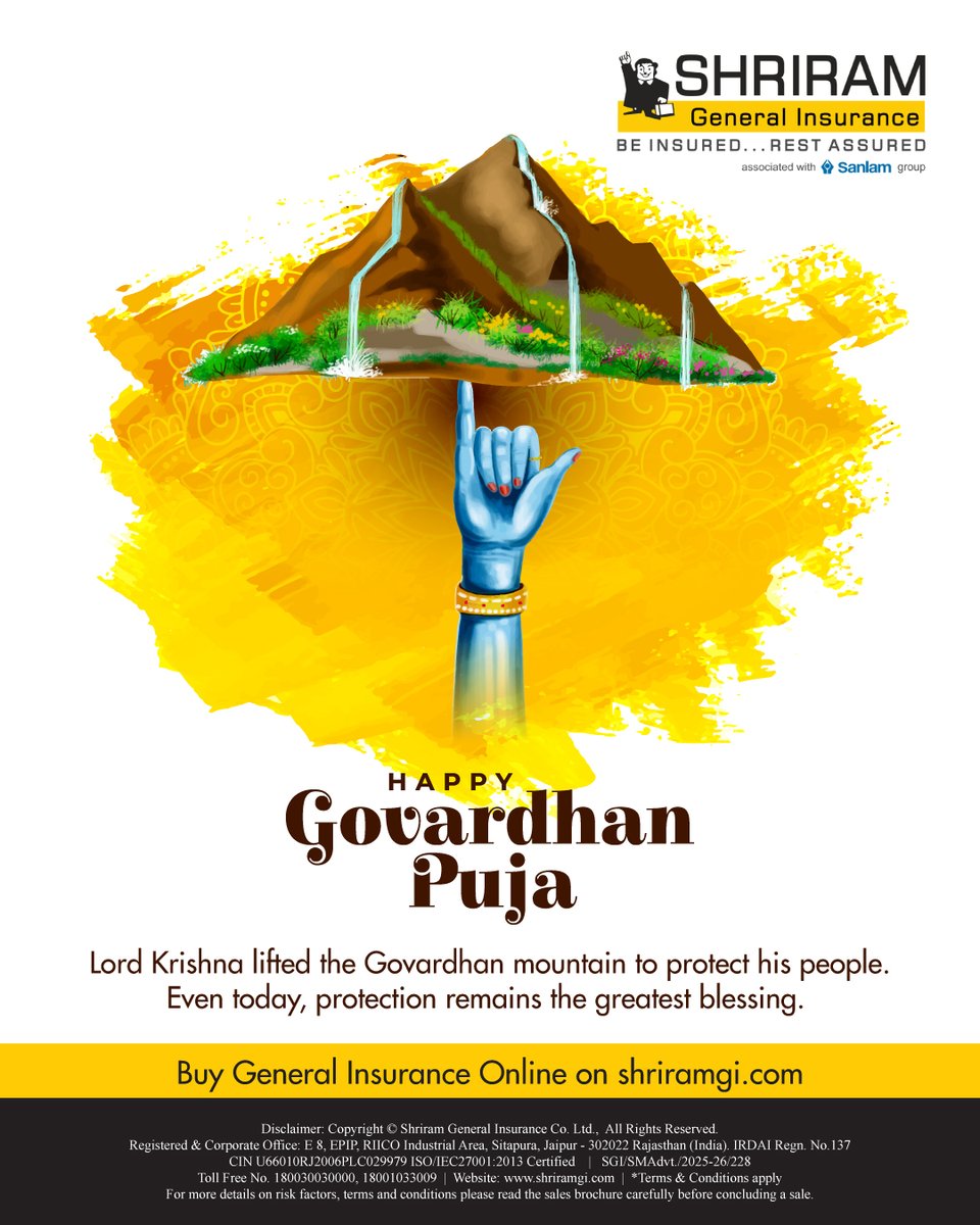 Shriram_GI's tweet image. May the spirit of protection and faith always guide us. 🌿✨
This Govardhan Puja, let’s celebrate the power of safeguarding what truly matters — just like Lord Krishna did. 💛

#HappyGovardhanPuja #ShriramGeneralInsurance #ProtectionForAll #FestivalOfFaith #GovardhanPuja2025