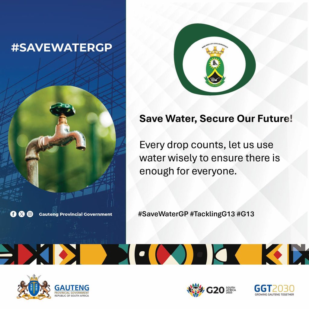 #SaveWaterGP Use water wisely. Save Water. <a href="/RandWestCity1/">Rand West City Local Municipality</a> <a href="/Rand_Water/">Rand Water</a> #TacklingG13