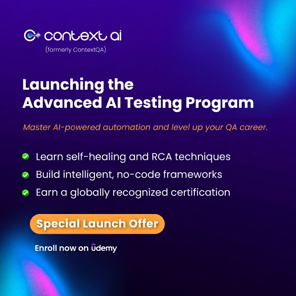 ContextQa's tweet image. The future of QA is here.

ContextAI (formerly ContextQA) launches the Advanced AI Testing Program on Udemy.

Master AI-powered automation and earn your global certification.

Enroll now: udemy.com/course/advance…

#ContextAI #AITesting #QAAutomation #SoftwareTesting #Certification