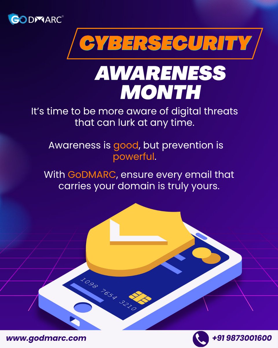 GODMARC4's tweet image. It’s time to be more aware of digital threats that can lurk at any time.
Awareness is good, but prevention is powerful.

#GoDMARC #CyberAwareness #EmailAuthentication #CyberSecurityAwarenessMonth #BrandProtection