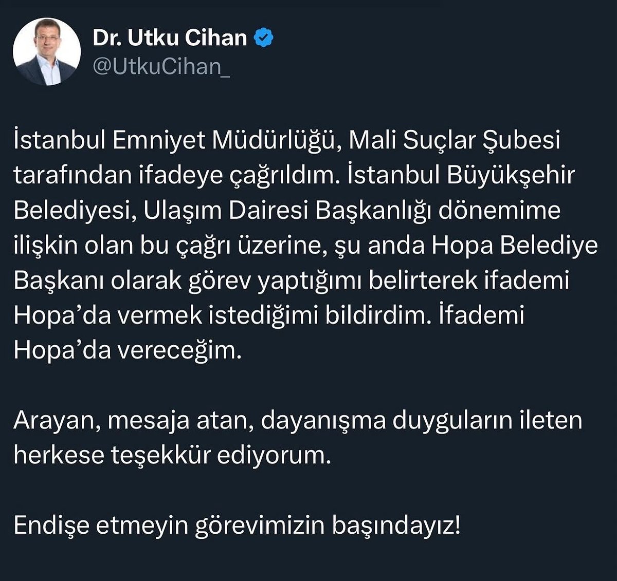 Hopa Belediye Başkanımız sayın Dr. Utku Cihan’ın yanındayız.
Kurtuluş Yok Tek Başına Ya Hep Beraber Ya Hiç Birimiz 
<a href="/UtkuCihan_/">Dr. Utku Cihan</a>