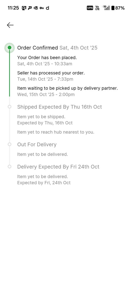 Sandip_1only's tweet photo. @Flipkart , @flipkartsupport Could you please update me on Order Id- OD335640946613559100 as there is no update on shipping since order dtd.04/10/25.
Delivery date is 24th Oct. How the order will be delivered on time if the same is not shipped yet? https://t.co/BcbAkcmat1