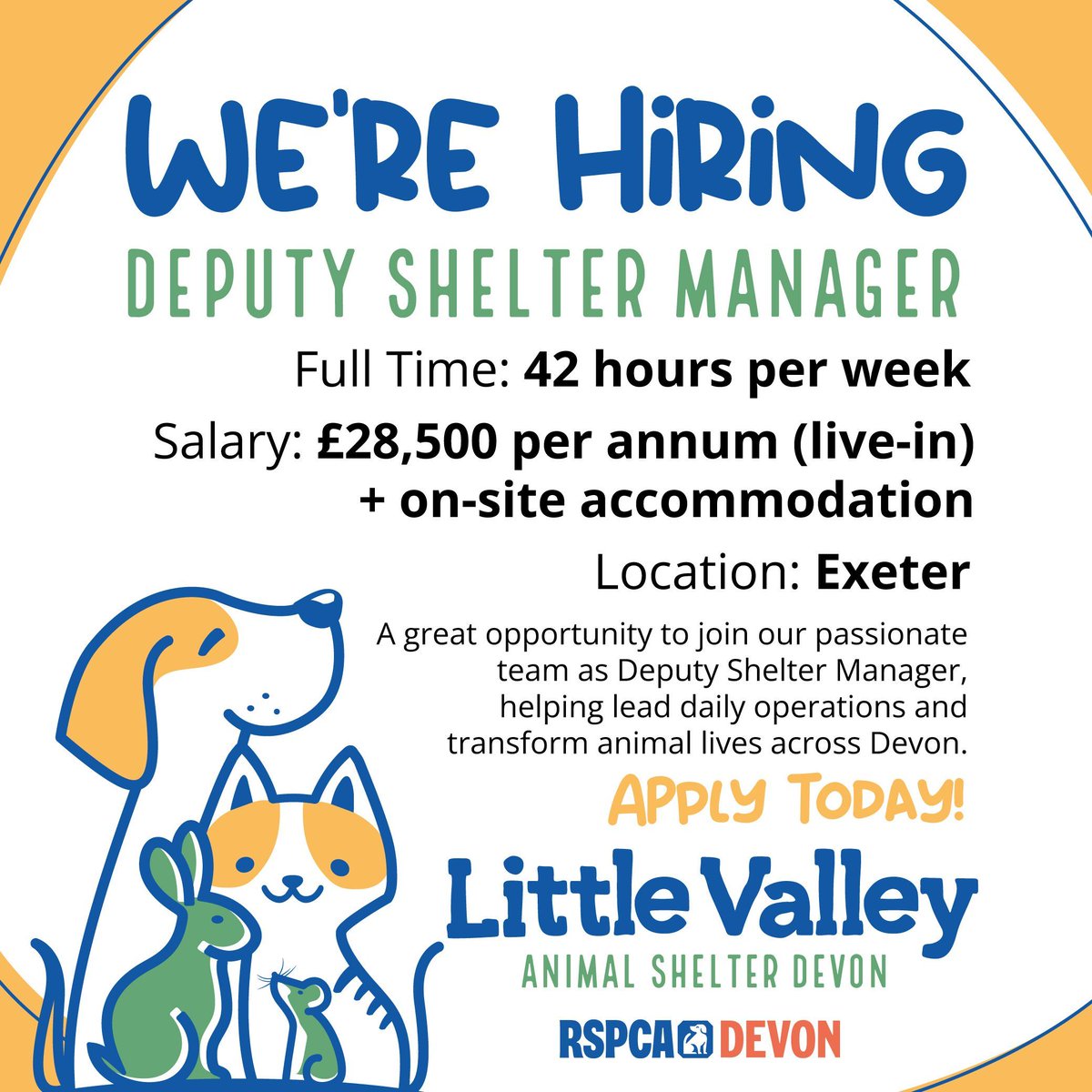 🚨 We’re Hiring!
We’re looking for a passionate Deputy Shelter Manager (Live-in) to join our leadership team at RSPCA Little Valley.

If you’re ready to make a real difference, apply today 👇
🔗 rspca-littlevalley.org.uk/jobs