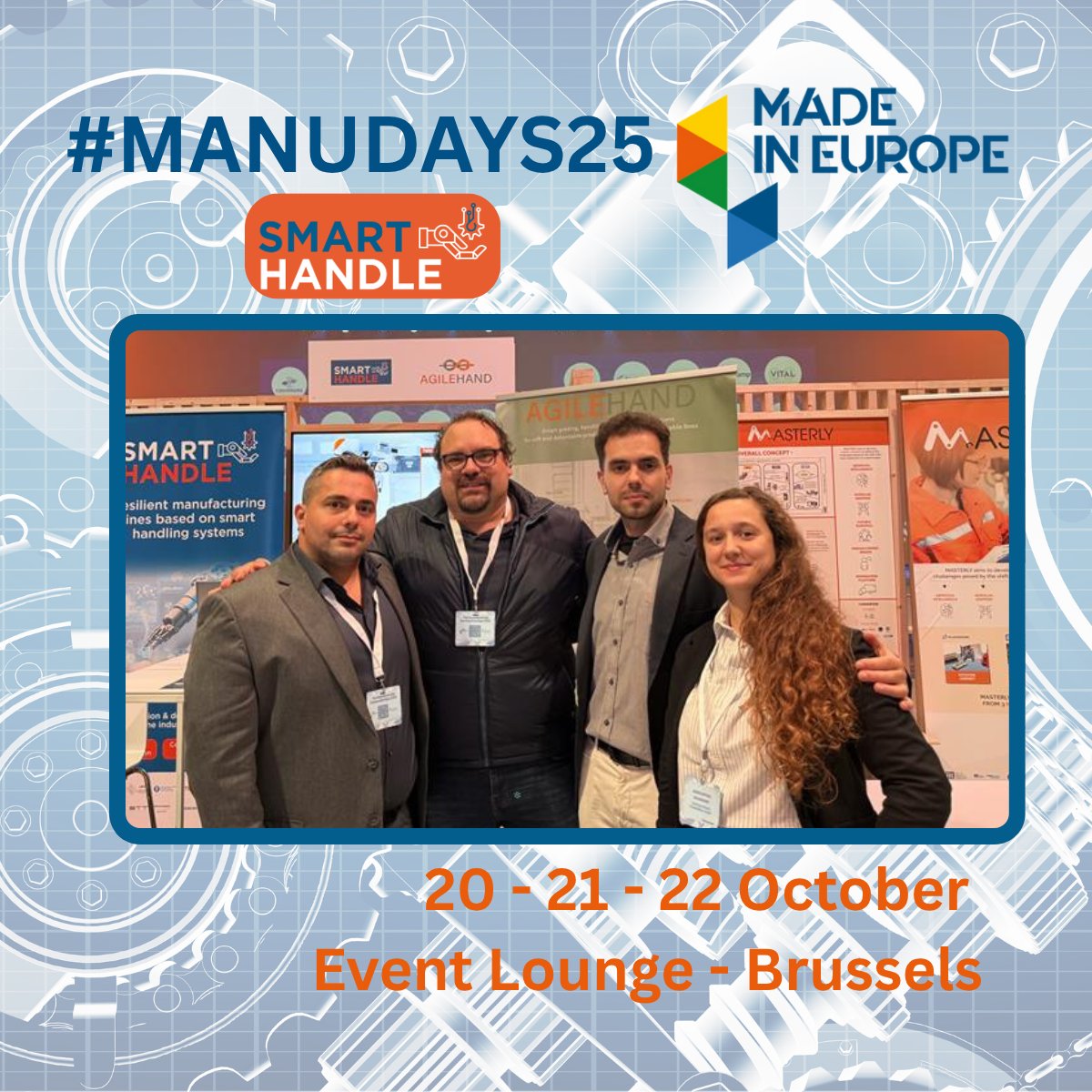 SmarthandleEU's tweet photo. 🤖 Visit the #SMARTHANDLE booth at #ManuDays25 by @EFFRA_Live in Brussels!
Our team from #Netcompany, #LMS, #TFCC & #Tecnalia is here to share how we’re advancing intelligent handling, robotics & sustainable manufacturing across Europe.
📍 Meet us today at the Event Lounge! https://t.co/by8RAr4wGC