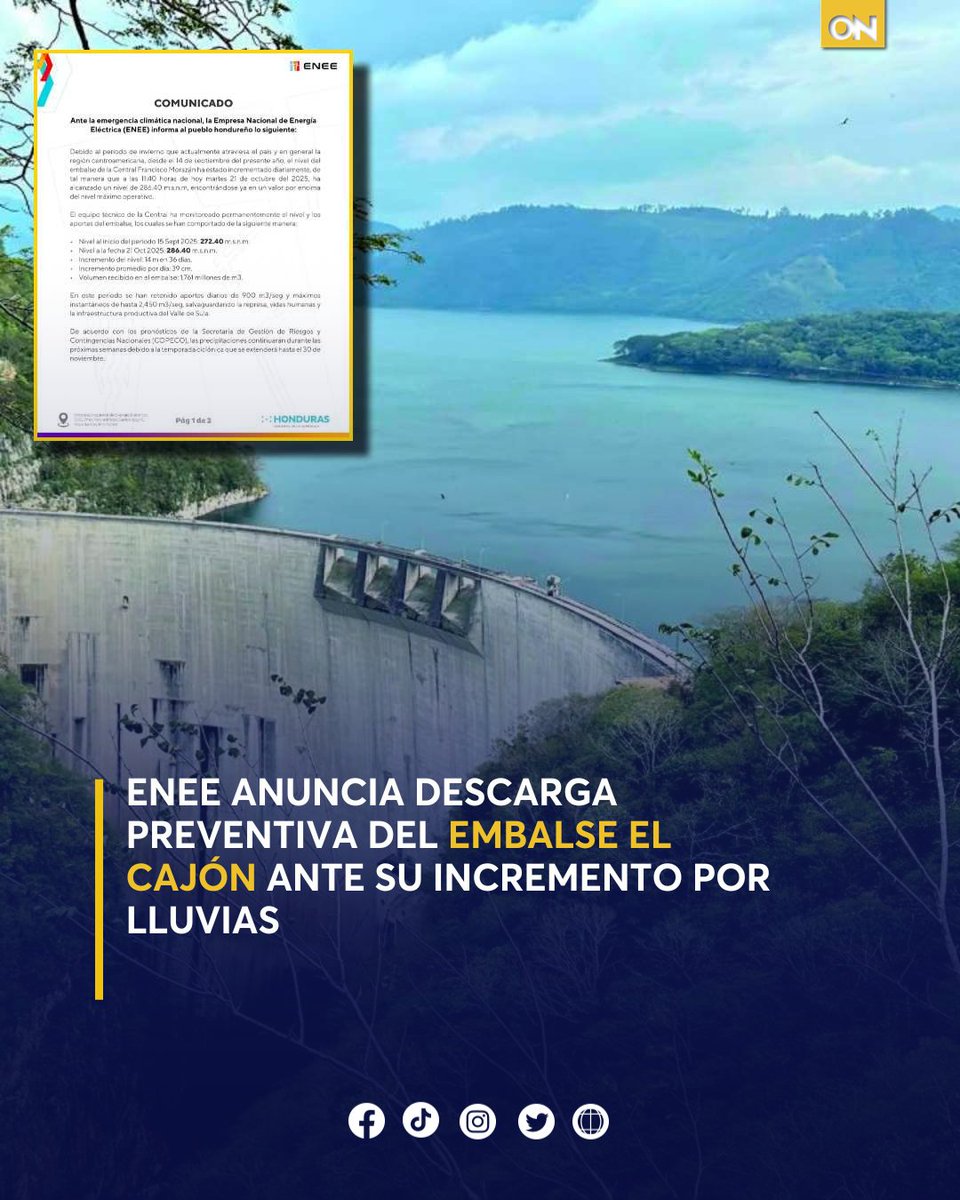 11_Noticias's tweet photo. 🟡| 🚨 La ENEE informó que realizará una descarga preventiva en el embalse El Cajón ante el incremento de su nivel por las lluvias.
Los detalles 👉🏻: https://t.co/KYCgIoxfPo
#ENEE #Elcajon #ErickTejada https://t.co/ukeghT84wJ