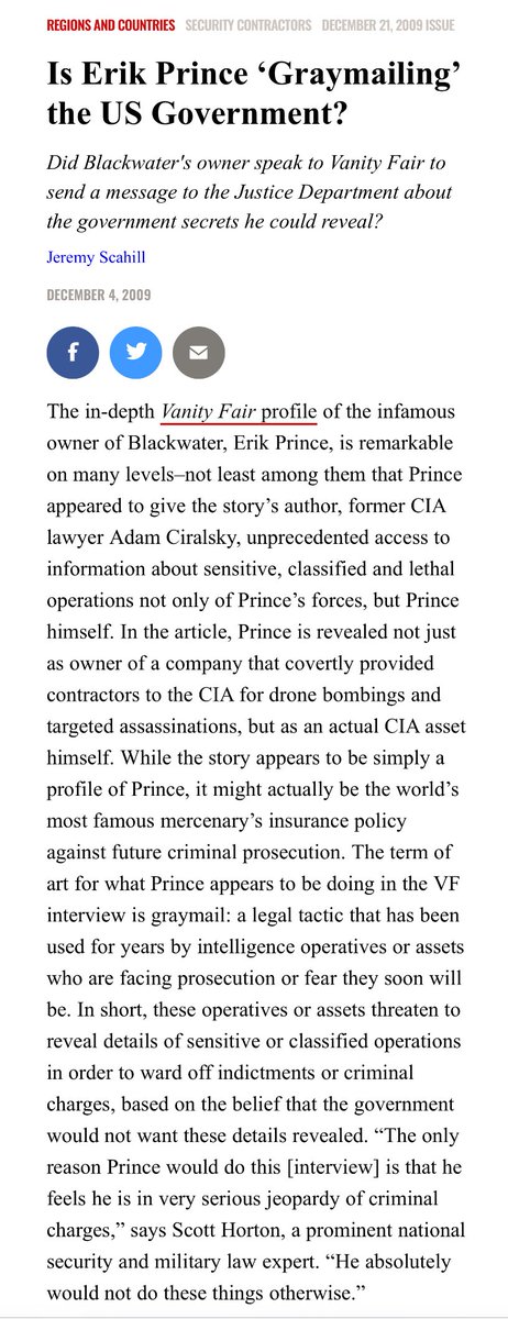 rohmerfan1127's tweet image. Jeremy Scahill reported that Prince admitted to Blackwater’s role in assassinations + his status as a CIA asset in his interview with a former CIA lawyer as a “graymail” tactic, implicitly threatening to disclose more sensitive info in order to prevent indictments/charges