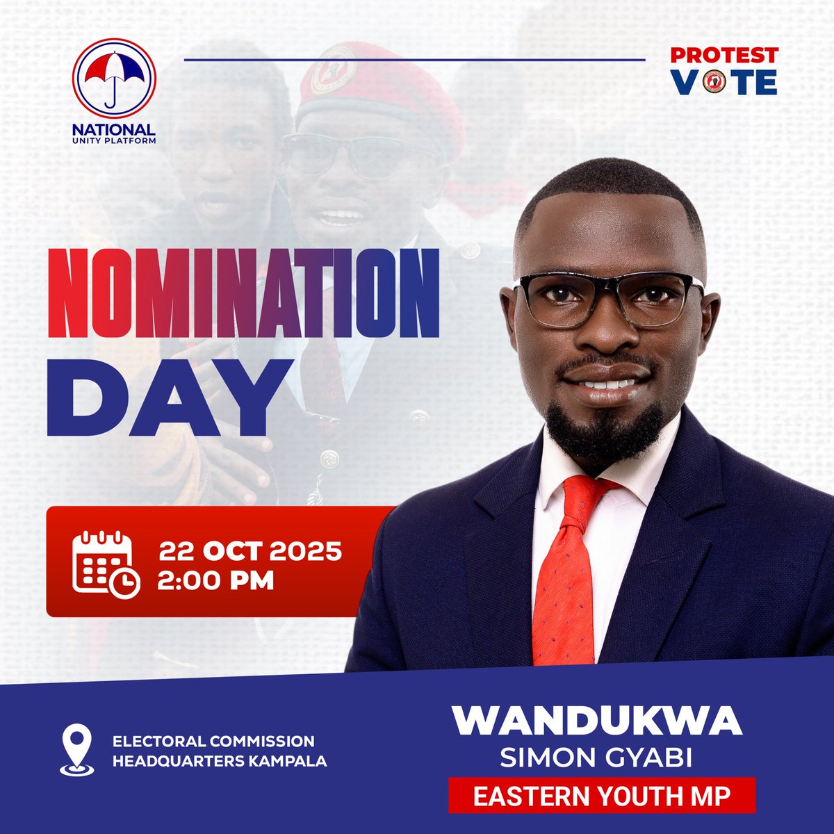 Today at 2pm we shall officially nominate  for Eastern Youth Member Of Parliament seat under the <a href="/NUP_Ug/">National Unity Platform</a> 
It’s time to make our voices matter. 
Sauti Ya Mabadiliko 

#ProtestVote2026 
#ProtestVoteUg2026