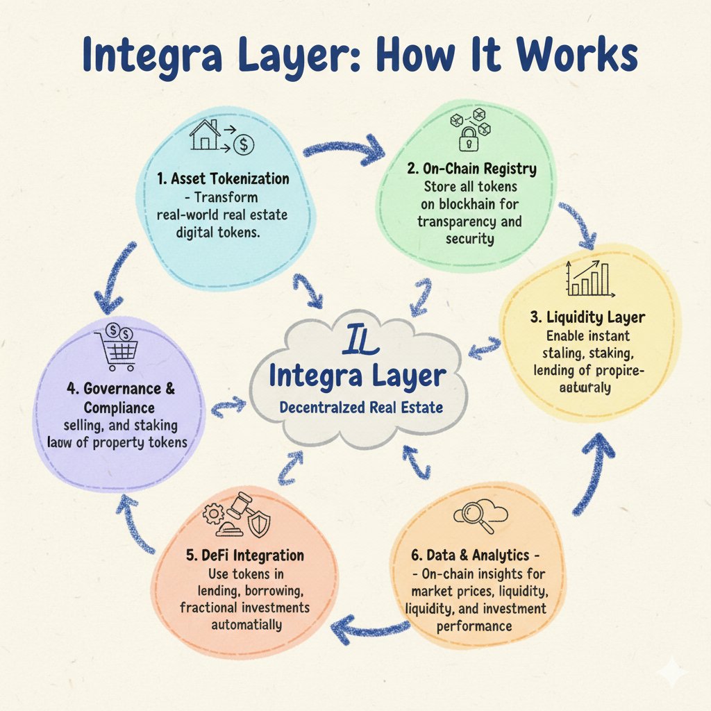 0xbaropintar's tweet photo. How Integra Layer Works
For a month I kept asking myself: #WhatIsIntegra?
Finally, I get it. Here’s how it works.
°Integra: The Real Estate Layer 1
Integra is a full-stack blockchain built specifically for real estate.
Think of a property market, but on-chain, secure, transparent, and liquid.
°Asset Tokenization
Every property is turned into a digital token (NFT/FT).
This means properties can be fractionally owned ~ even small investors can join.
°On-Chain Registry
All tokens are stored on Integra as a single source of truth.
High transparency, ownership cannot be tampered with.
°Liquidity Layer
Integra makes property liquid:
Instant buying & selling of tokens
Staking & lending for yield
°Governance & Compliance
All transactions are legally compliant, built-in on-chain.
No need for third parties.
°DeFi Integration
Property tokens can enter the DeFi ecosystem:
Lending & borrowing
Fractional investments
Collateralized trading
°Data & Analytics
Investors can track market prices, liquidity, and property performance in real-time.
Key Takeaways
Integra is a dedicated blockchain for real estate, offering:
Fractional ownership & liquidity
Built-in compliance & governance
Seamless integration with DeFi