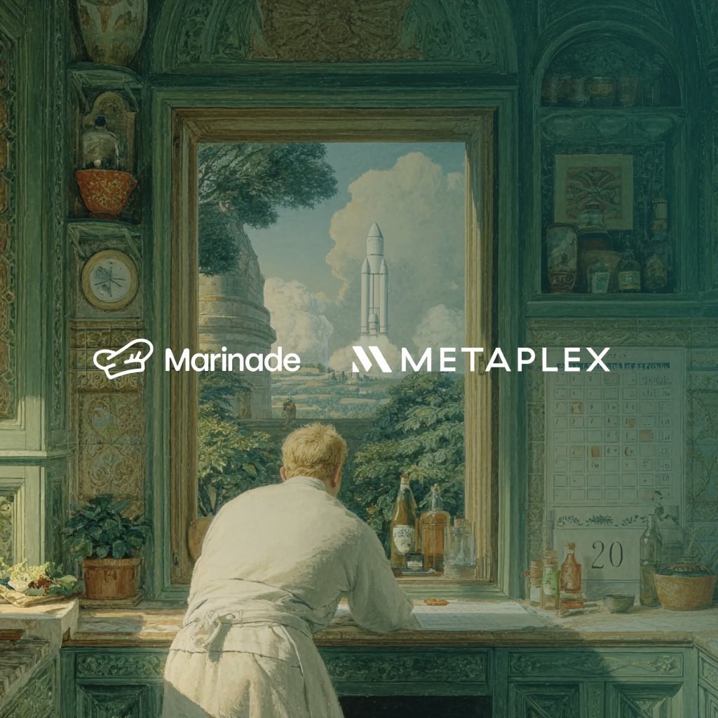 Marinade Finance 与 Metaplex 合作的艺术插图，画面中一位厨师通过窗户凝望着一枚火箭