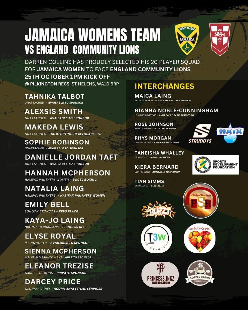 📣 
Our next Women <a href="/Reggae_Warriors/">ReggaeWarriors</a> assignment!

We are excited to play a development game vs England Community Lions this Sat as part of a Tri series including Scotland. 

Good luck to our 20 players squad and thanks to all our sponsors!